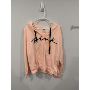 PINK Peach Zip-Up Hoodie with Black Drawstrings